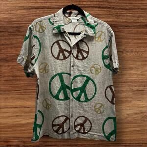 3sixteen Shirt Men's Medium 100% Linen Short Sleeve All Over Peace Sign Print